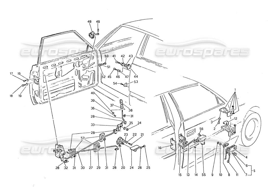 maserati biturbo 2.5 (1984) türen - teilediagramm für scharniere und innere bedienelemente