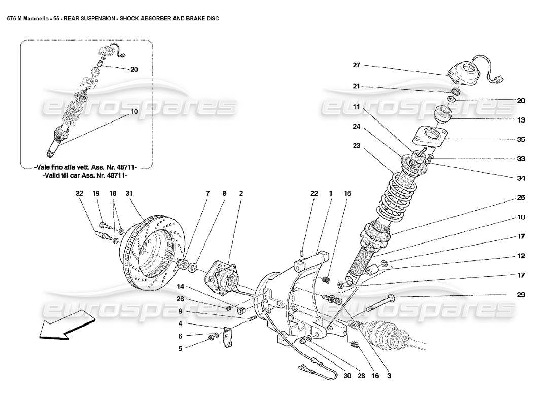 ferrari 575m maranello teilediagramm für stoßdämpfer und bremsscheibe der hinterradaufhängung