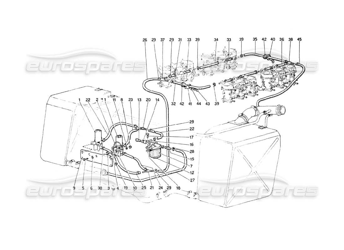 ferrari 512 bb teilediagramm für kraftstoffpumpen und kraftstoffleitungen