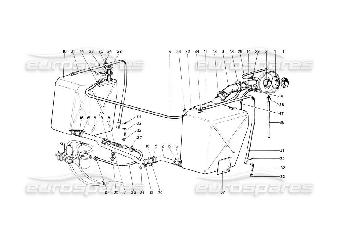 ferrari 512 bb teilediagramm für kraftstofftanks und -leitungen