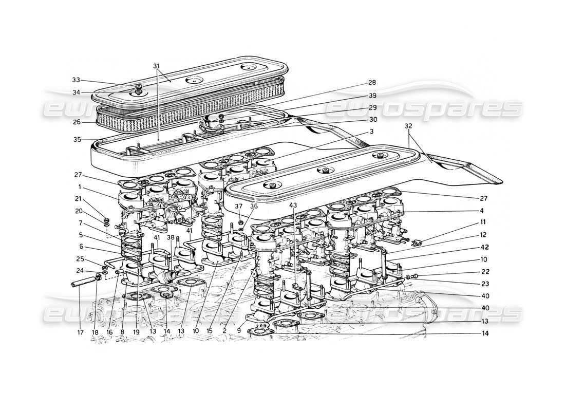 ferrari 512 bb teilediagramm für lufteinlässe und verteiler