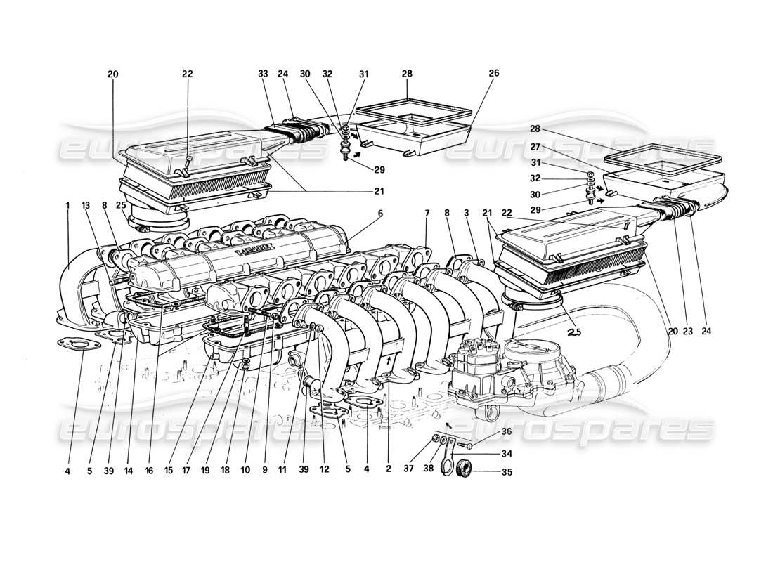 ferrari 512 bbi teilediagramm für lufteinlässe und verteiler