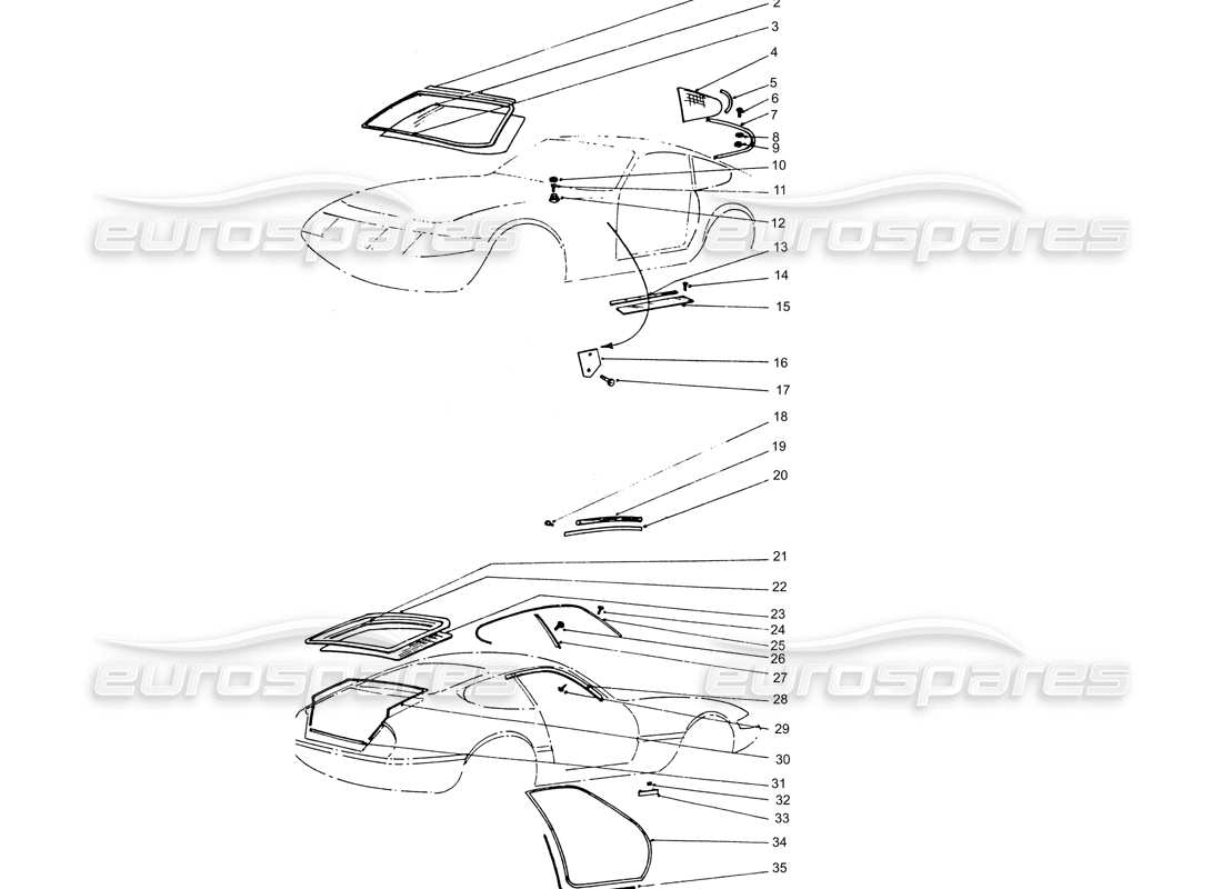 ferrari 365 gtb4 daytona (coachwork) glas- und gummidichtungen teilediagramm