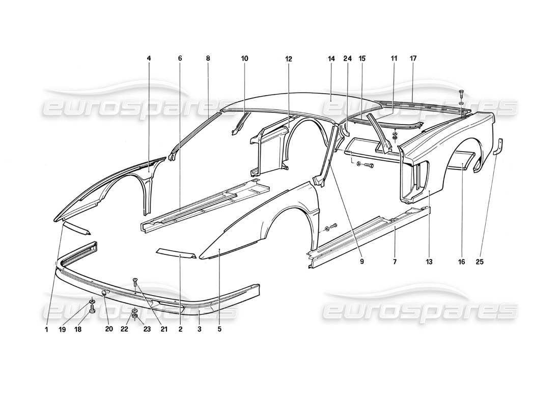 ferrari testarossa (1990) körper - externe komponenten teilediagramm