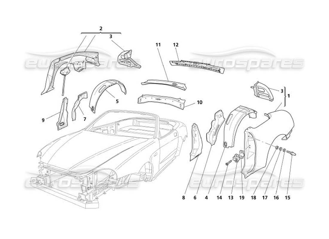 maserati 4200 spyder (2005) teilediagramm für die hinteren außenverkleidungen der karosserie