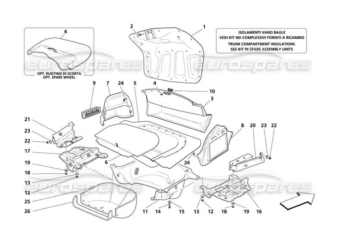 maserati 4200 spyder (2005) kofferraumverkleidungen - teilediagramm für lufteinlass und wärmeabschirmungen