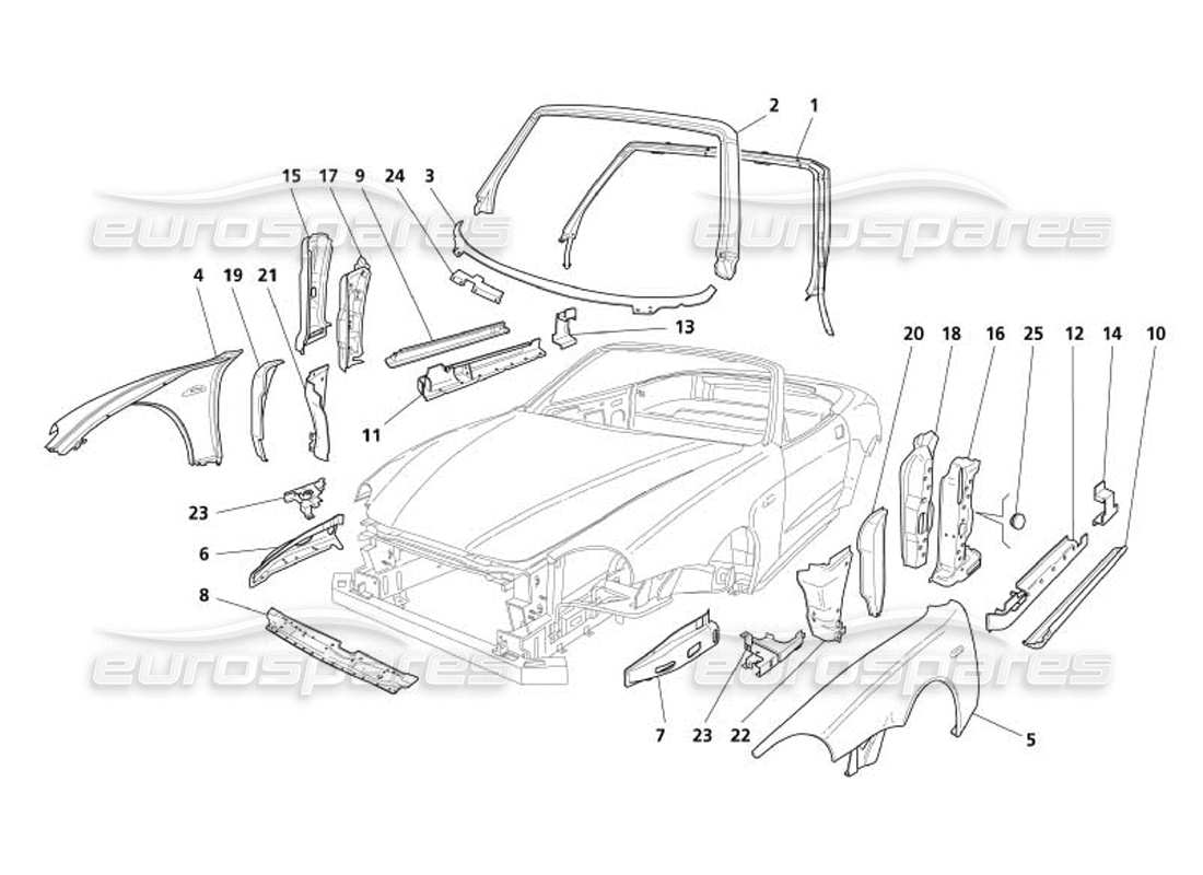 maserati 4200 spyder (2005) karosserie - teilediagramm für vordere außenverkleidungen