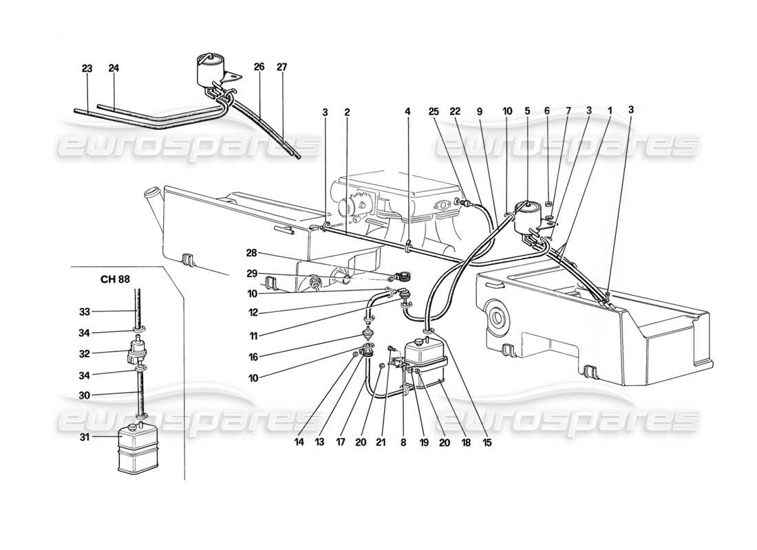 ferrari mondial 3.2 qv (1987) antievaporatives emissionskontrollsystem (für us- und sa-version) teilediagramm