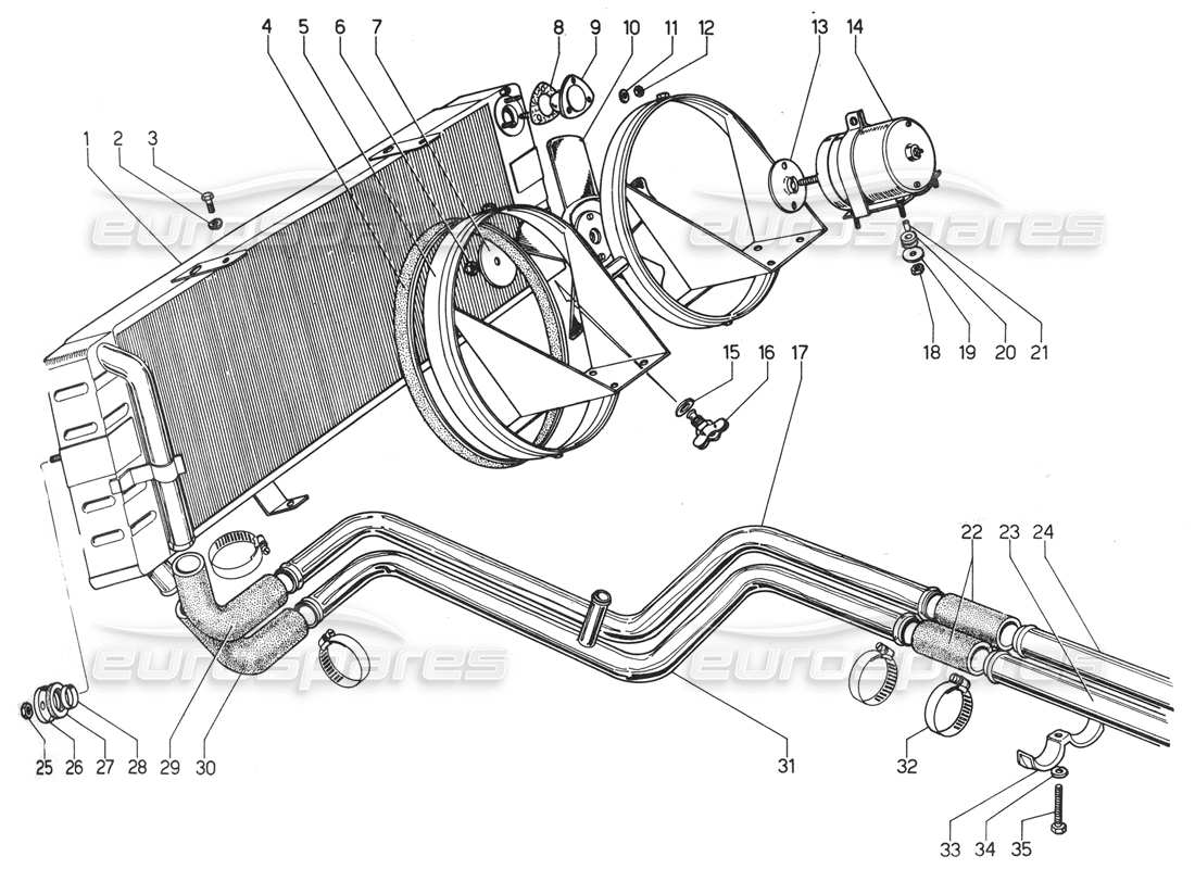 lamborghini urraco p300 teilediagramm für kühler und kühlmittelsystem