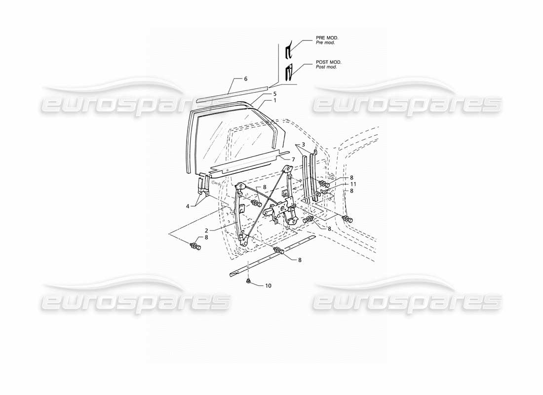 maserati qtp v8 (1998) vordertüren: teilediagramm für fenster und fensterheber