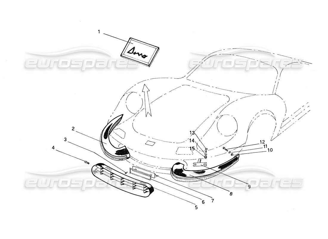 ferrari 206 gt dino (coachwork) teilediagramm für vordere stoßstangen, kühlergrills und befestigungen