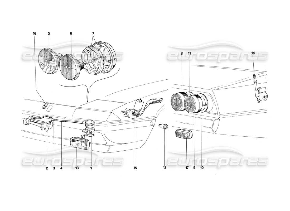 ferrari 412 (mechanical) vorder- und rücklichter - hupen und antennenteildiagramm