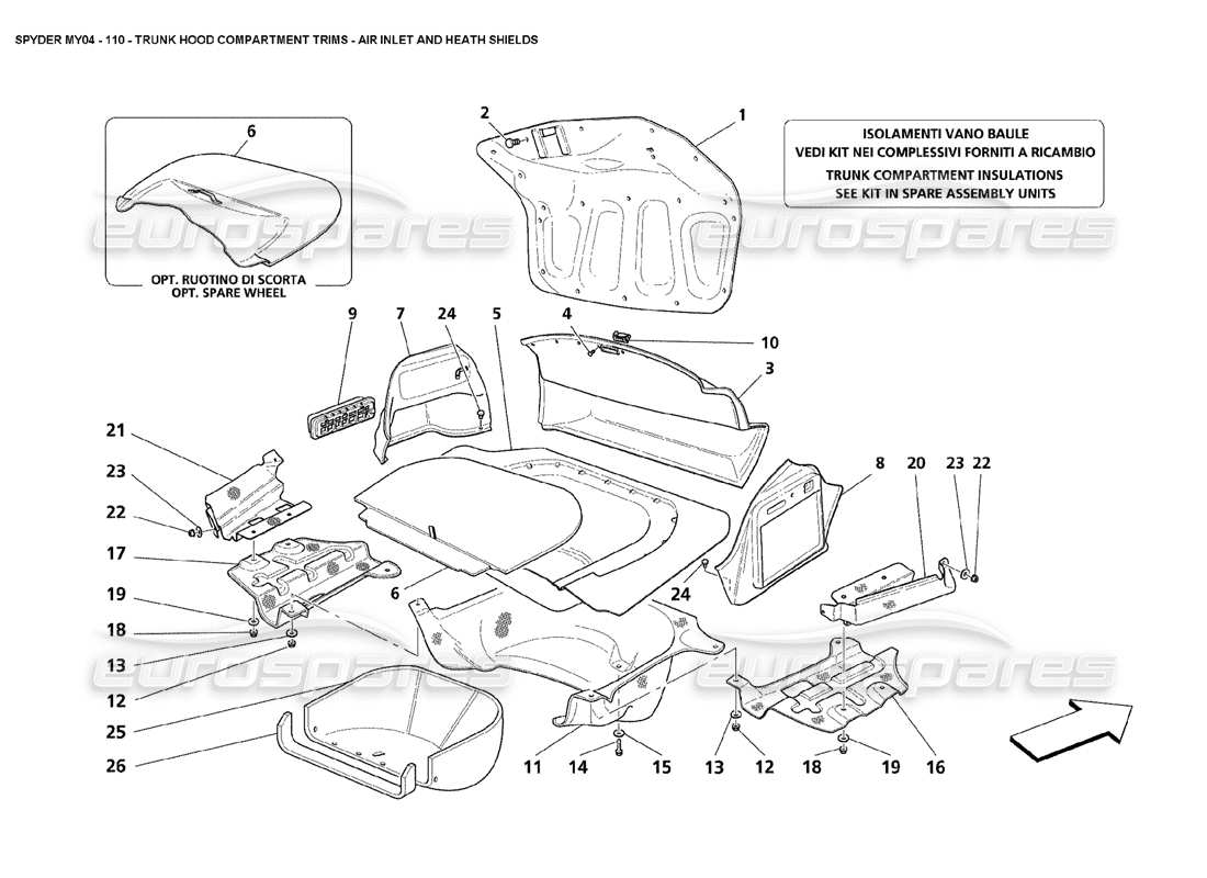 maserati 4200 spyder (2004) kofferraumhaubenfach verkleidet lufteinlass und hitzeschutz teilediagramm