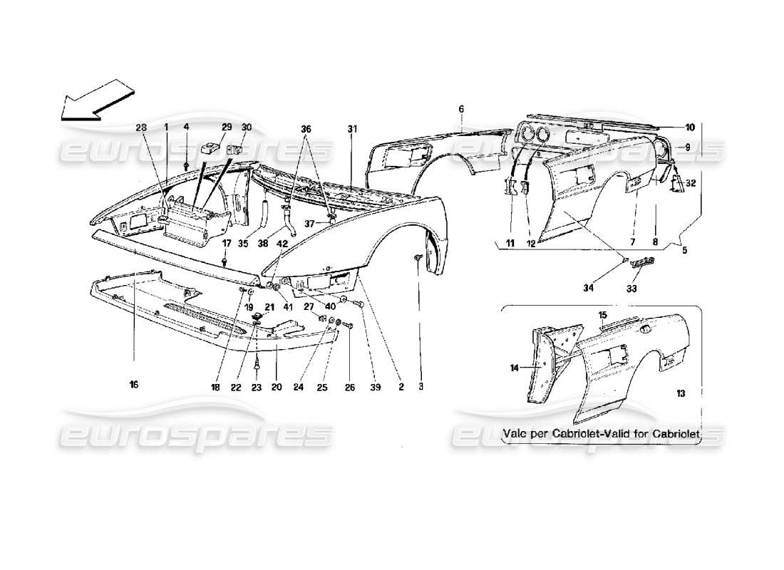 ferrari mondial 3.4 t coupe/cabrio karosserie: außenelemente - vorder- und hinterteil - teilediagramm