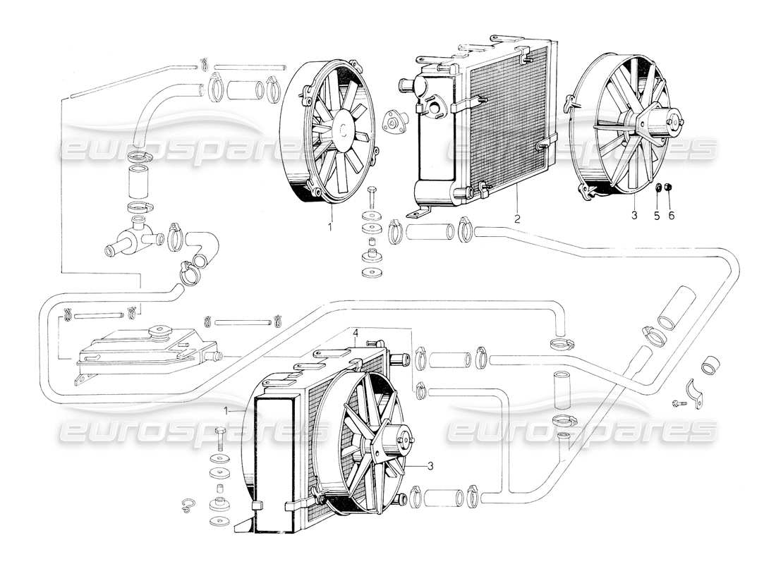 lamborghini countach 5000 s (1984) kühler und kühlmittelsystem (gültig für die schweiz - januar 1984) teilediagramm