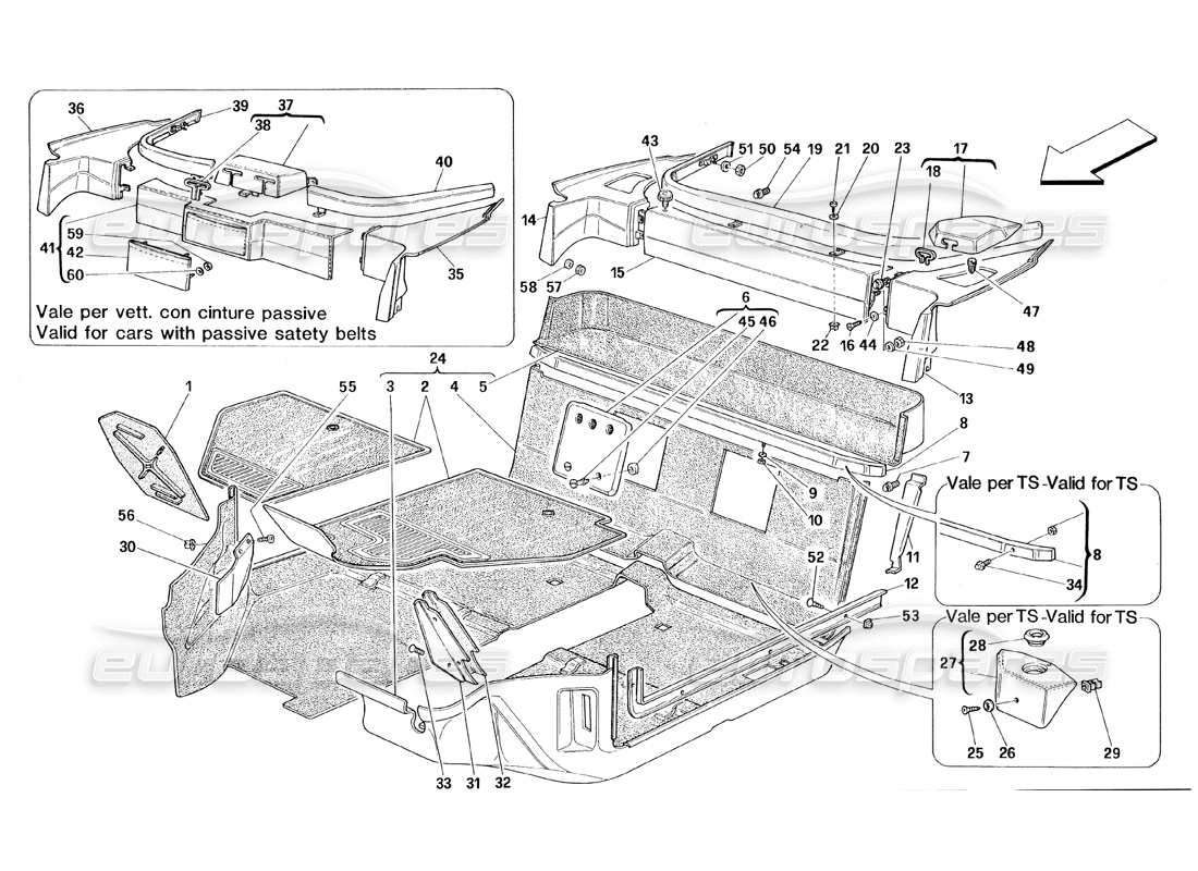 ferrari 348 (1993) tb / ts teilediagramm für fahrgastraumteppiche
