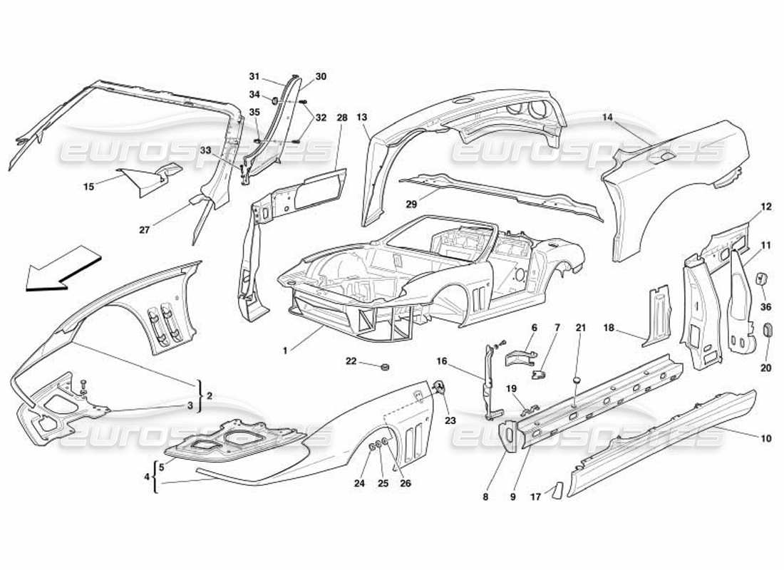 ferrari 550 barchetta karosserie - teilediagramm für außenverkleidungen