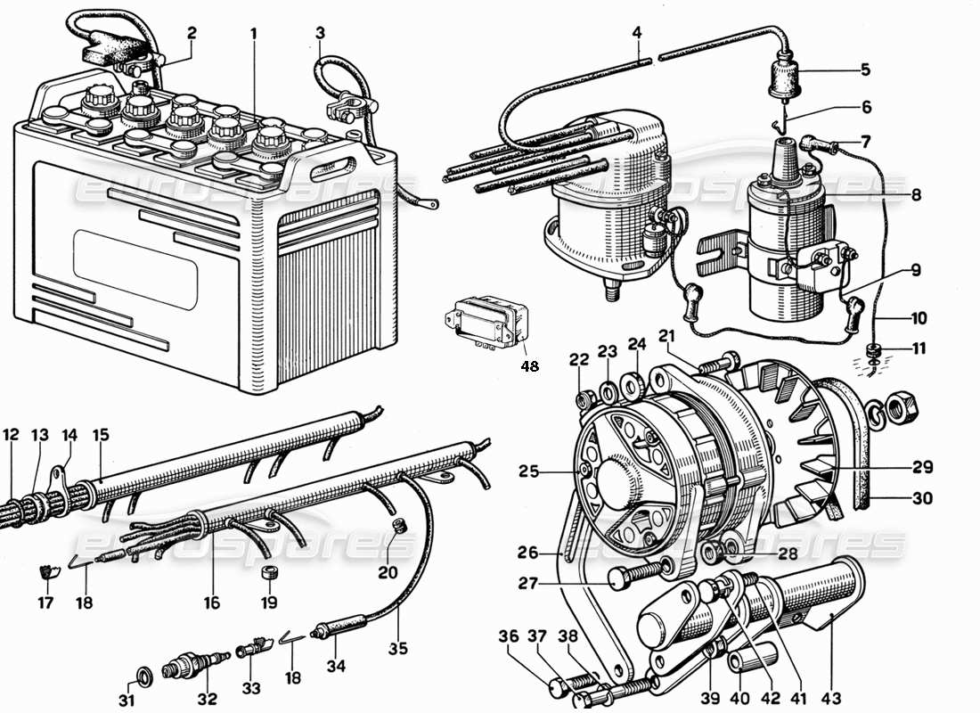 ferrari 365 gt 2+2 (mechanical) generator- und batterietabelle - teilediagramm