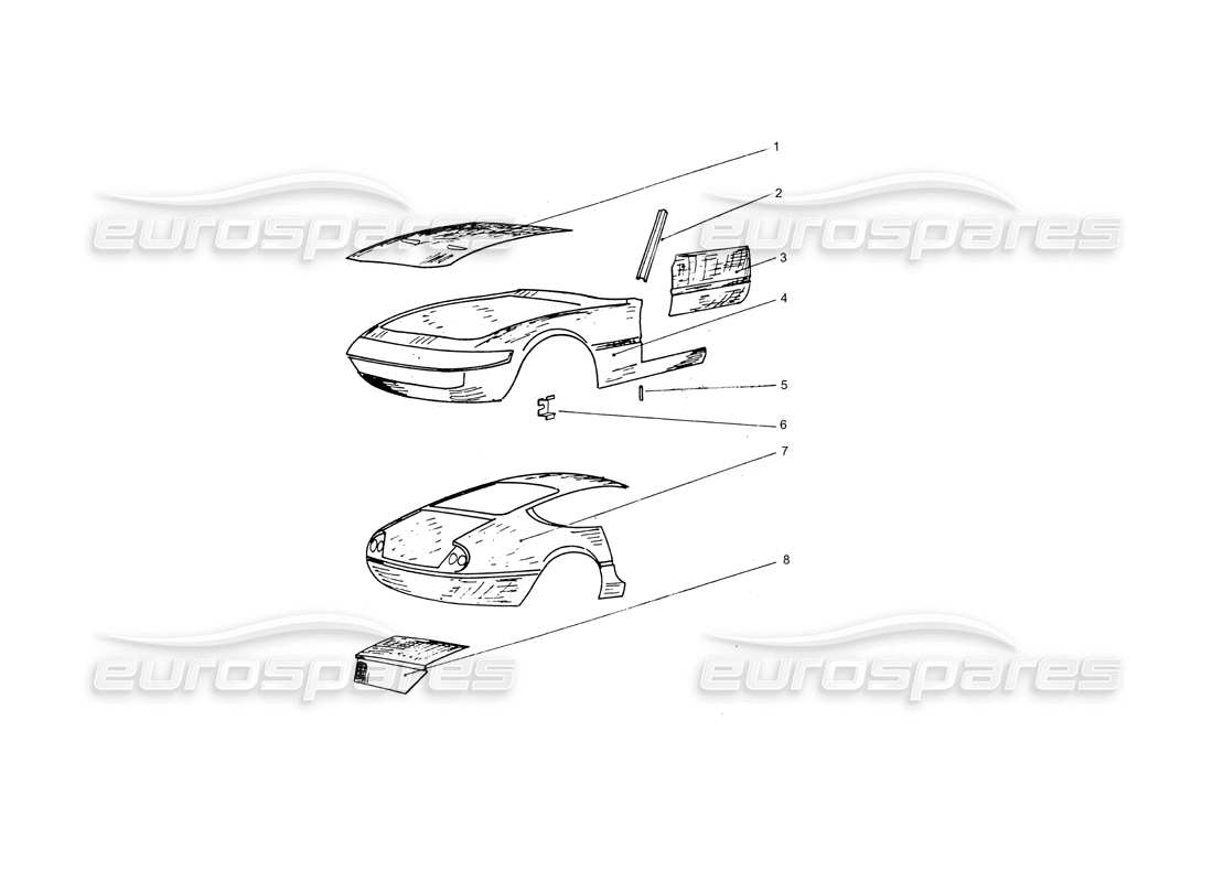 ferrari 365 gtb4 daytona (coachwork) teilediagramm für vordere und hintere äußere karosserieteile