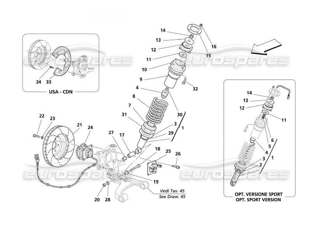 maserati 4200 coupe (2005) vorderradaufhängung - teilediagramm stoßdämpfer und bremsscheibe