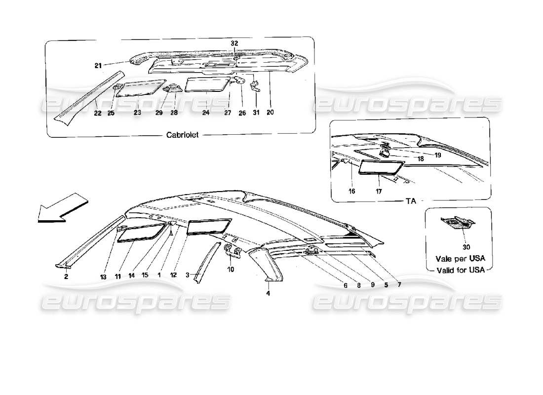 ferrari mondial 3.4 t coupe/cabrio roof-teilediagramm