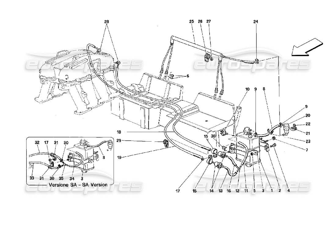 ferrari mondial 3.4 t coupe/cabrio verdunstungsschutz - coupé und cabriolet - für fahrzeuge mit katalysator und sa-ersatzteildiagramm