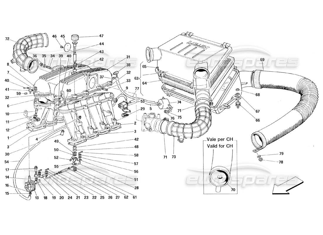 ferrari 348 (1993) tb / ts teilediagramm für verteiler und lufteinlass