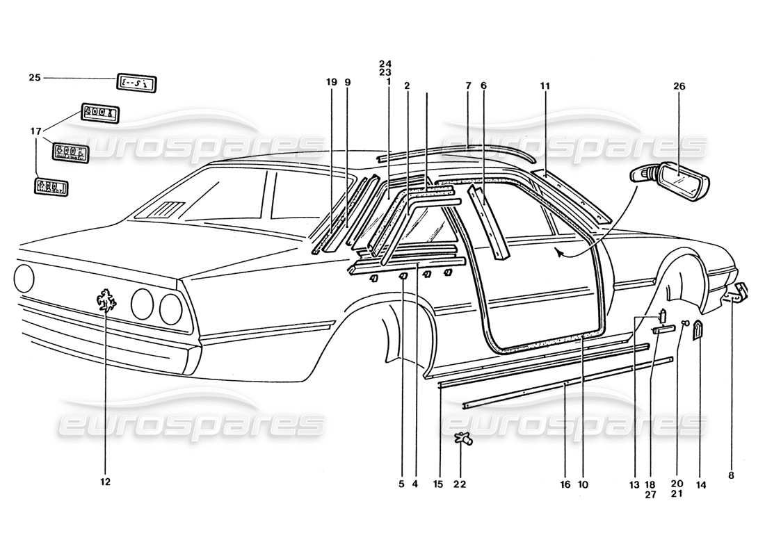 ferrari 400 gt / 400i (coachwork) türspiegel - abzeichen und außenverkleidungen - teilediagramm