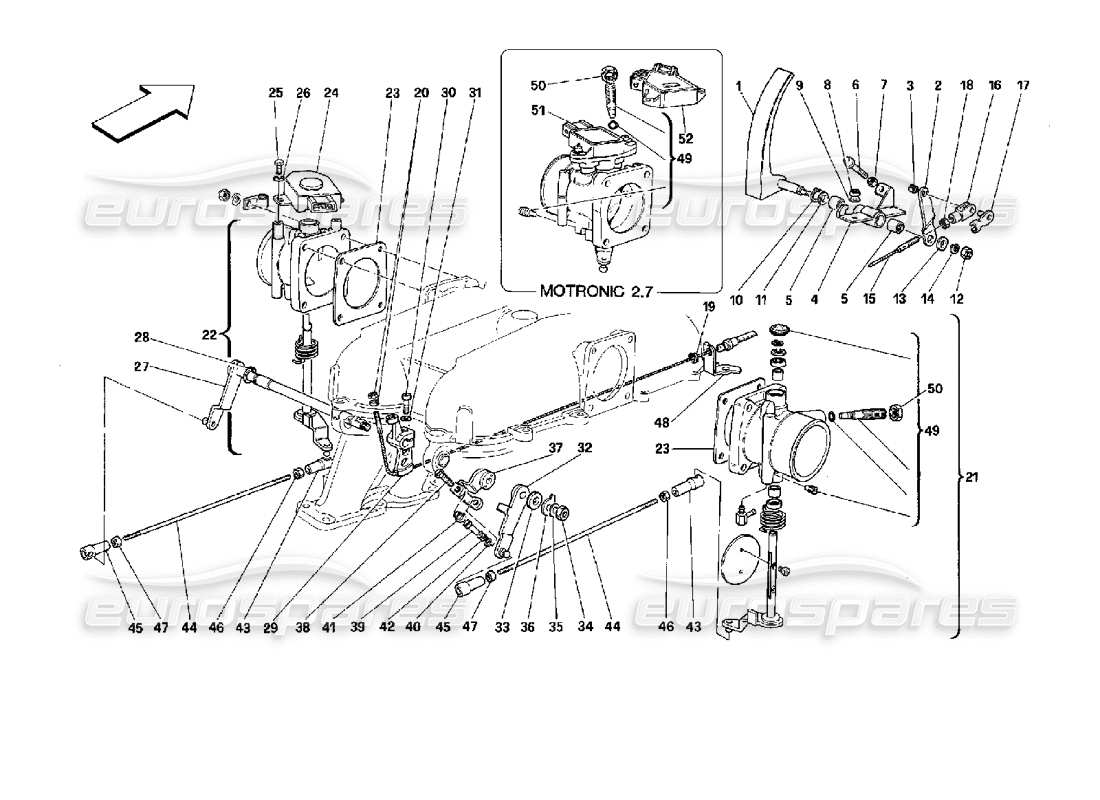 ferrari mondial 3.4 t coupe/cabrio teilediagramm für drosselklappengehäuse und -gestänge