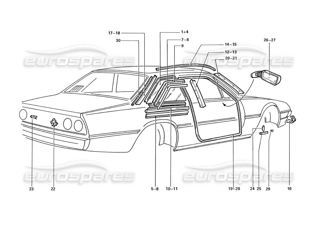 ferrari 412 (coachwork) äußere zierleisten und abzeichen teilediagramm