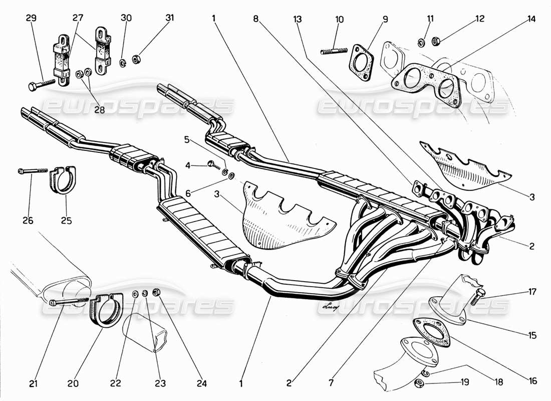 ferrari 330 gt 2+2 teilediagramm für auspuffkrümmer, schalldämpfer und verlängerungen