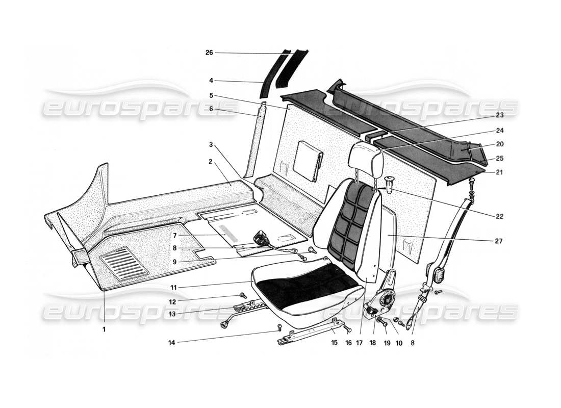 ferrari 208 turbo (1982) teilediagramm für innenverkleidung, zubehör und sitze