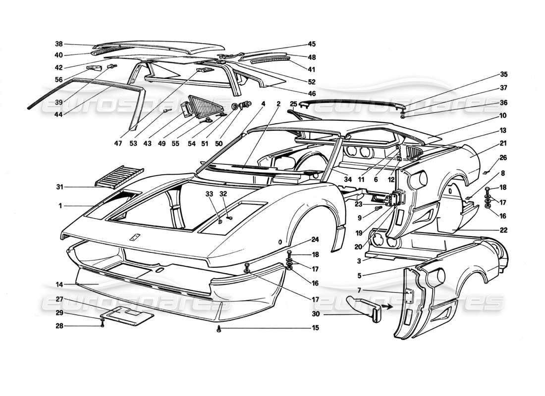 ferrari 208 turbo (1982) karosserie - teilediagramm für außenelemente