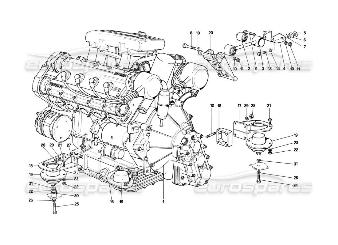 ferrari 208 turbo (1982) motor - getriebe und halterungen teilediagramm