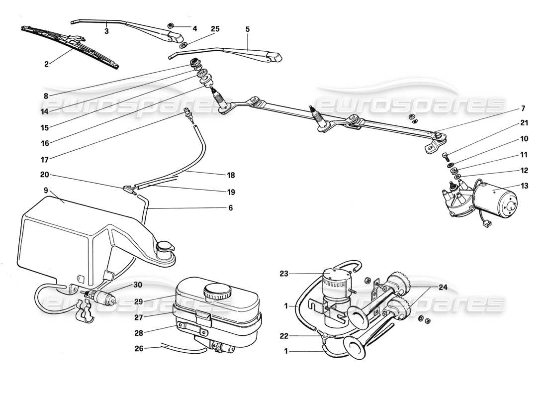 ferrari 328 (1988) teilediagramm für scheibenwischer, scheibe und hupen
