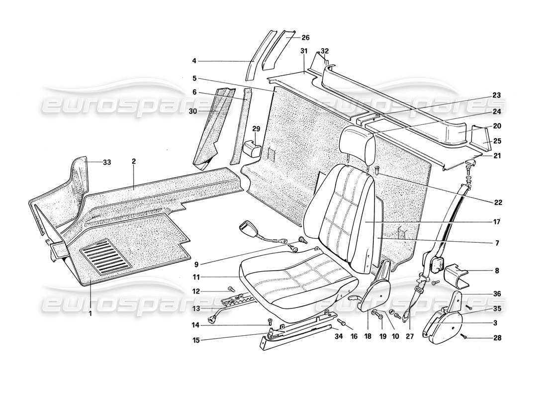 ferrari 328 (1988) teilediagramm für innenverkleidung, zubehör und sitze
