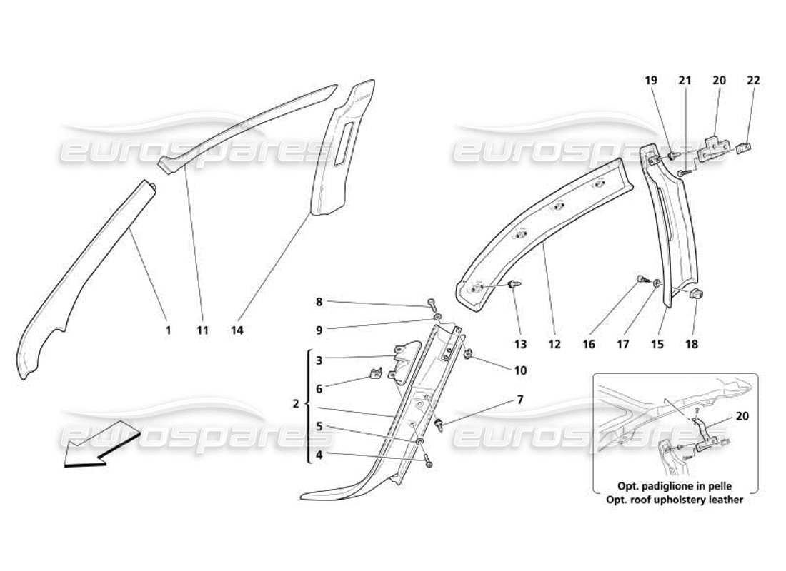 maserati 4200 coupe (2005) innenverkleidung - mittel- und vorderpfostenverkleidung - teilediagramm für seitenschienenverkleidung