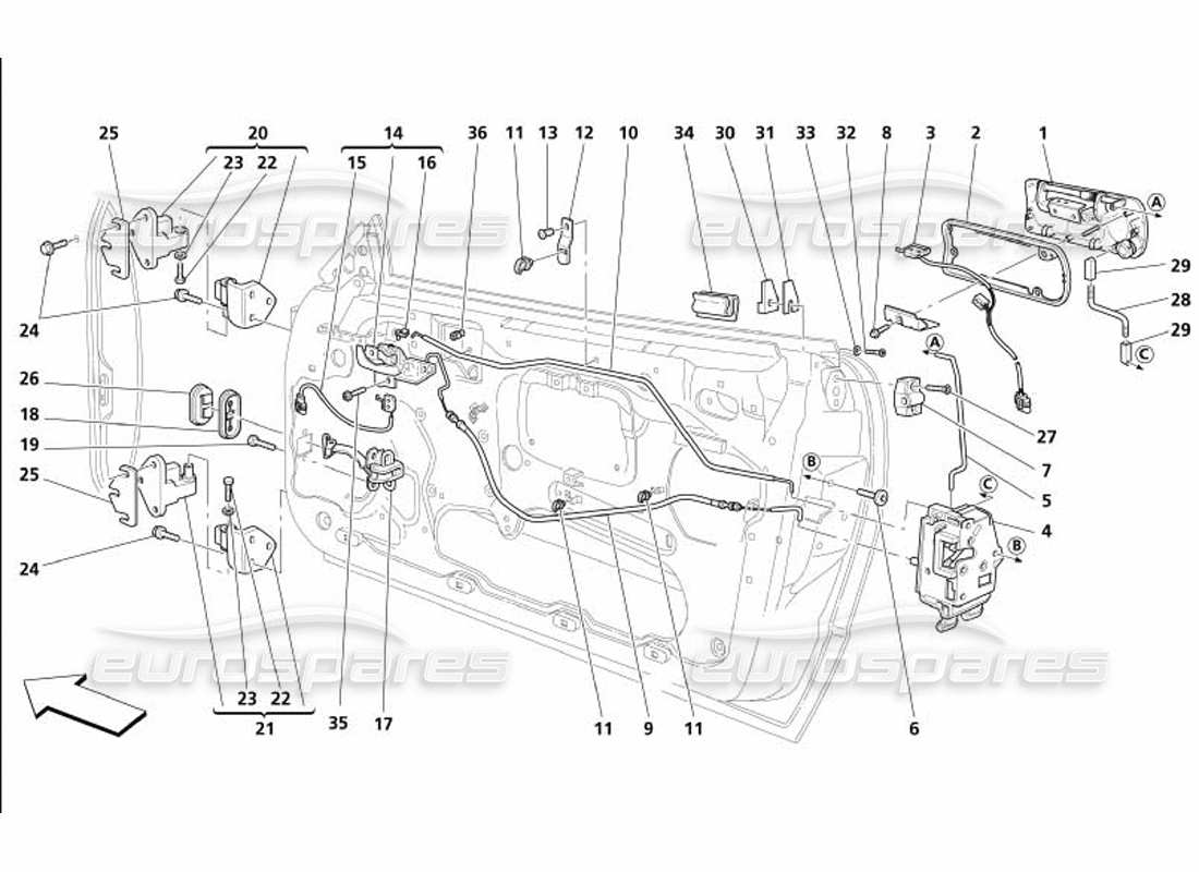 maserati 4200 gransport (2005) türen - teilediagramm für öffnungssteuerung und scharniere