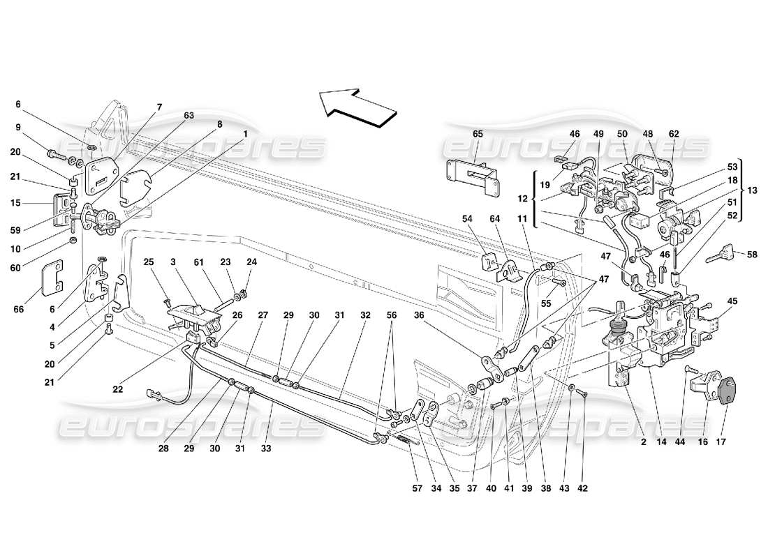 ferrari 456 gt/gta türen - teilediagramm für öffnungssteuerung und scharniere