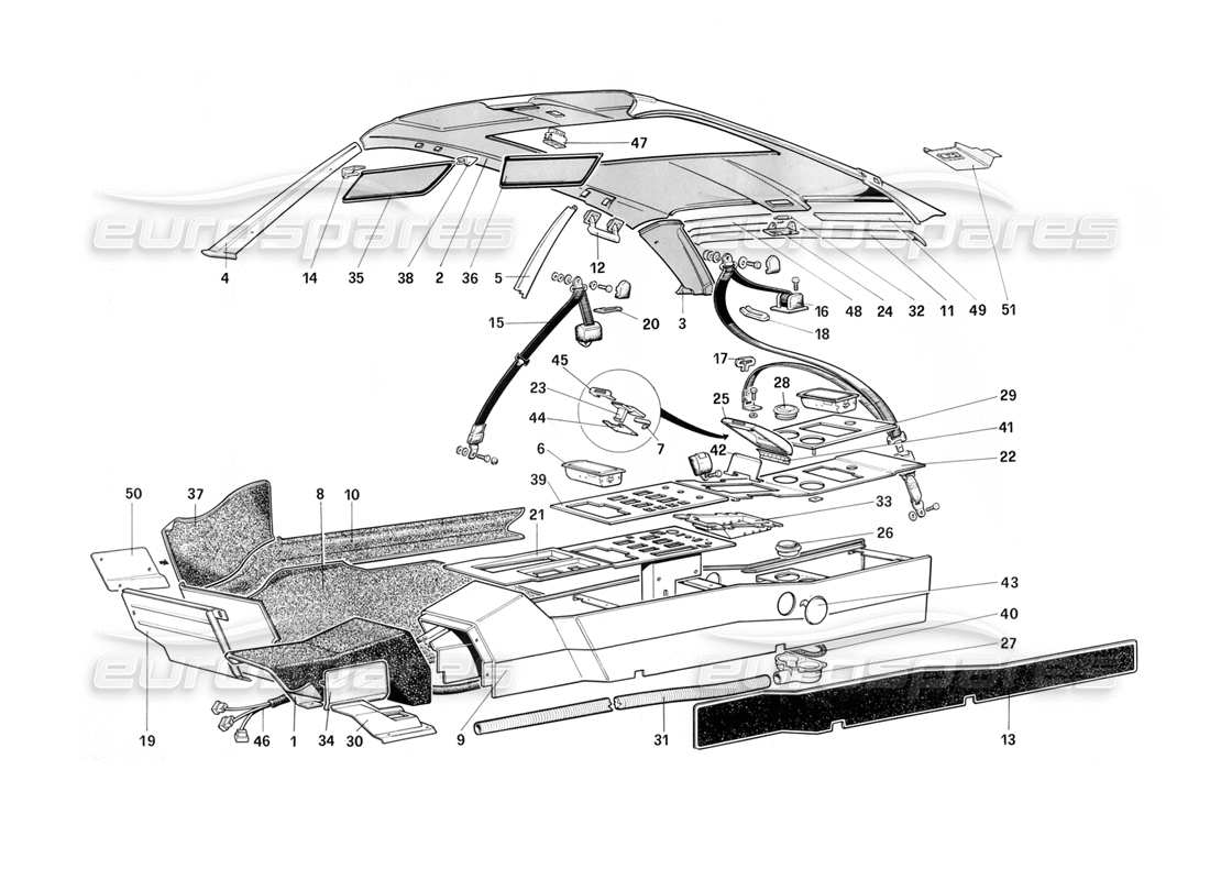 ferrari mondial 3.2 qv (1987) dach, tunnel und sicherheitsgurte - 3.2 mondial coupe teilediagramm