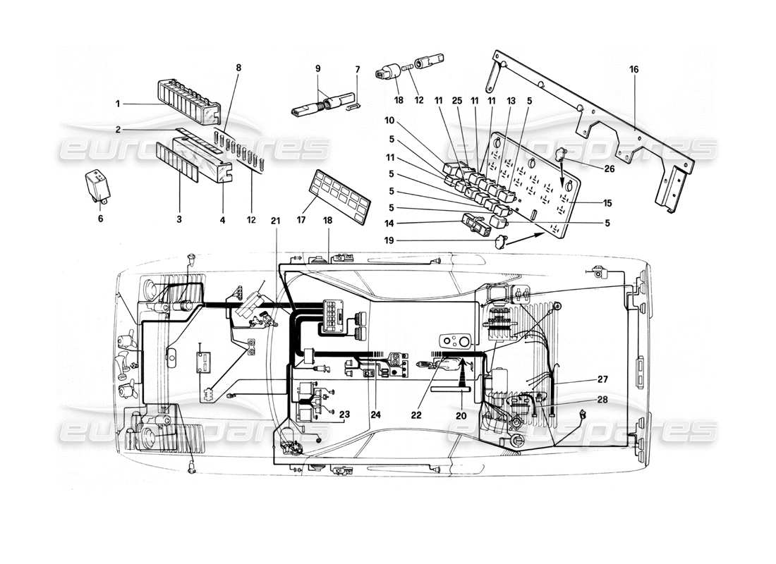 ferrari 208 turbo (1982) elektrisches system - teilediagramm für kabel, sicherungen und relais