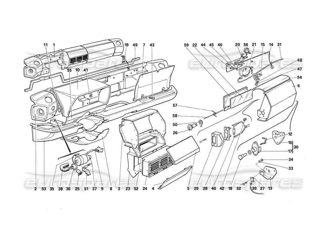 ferrari testarossa (1990) armaturenbrett (für us-version) teilediagramm