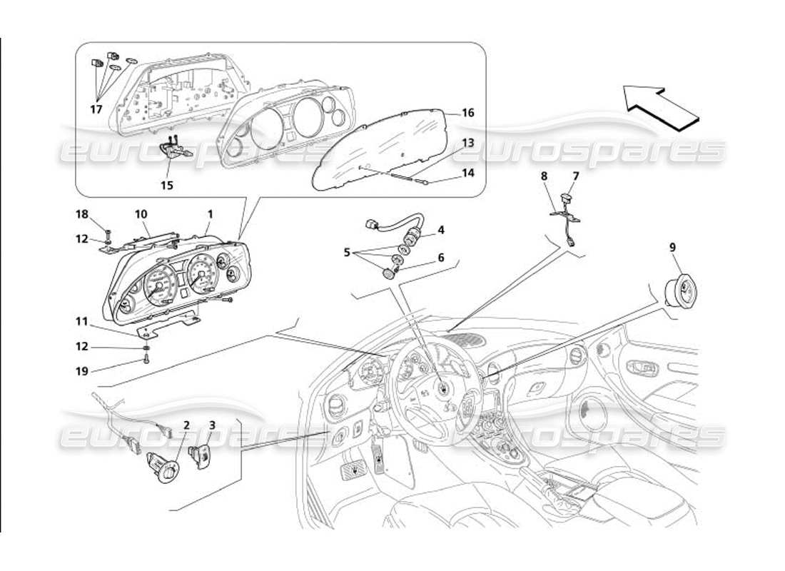 maserati 4200 coupe (2005) teilediagramm für armaturenbrettinstrumente