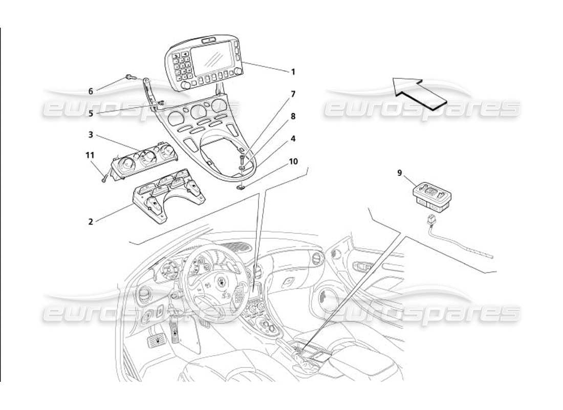 maserati 4200 coupe (2005) teilediagramm für tunnelinstrumente