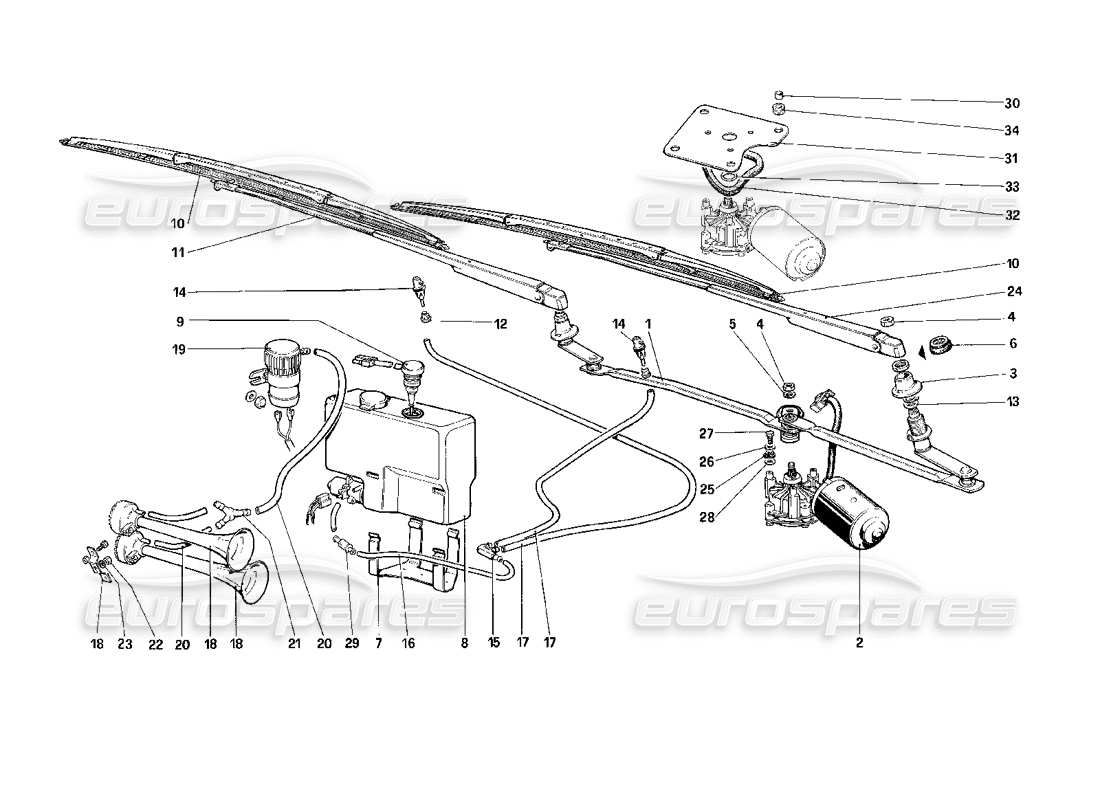 ferrari mondial 3.2 qv (1987) teilediagramm für scheibenwischer und hupen