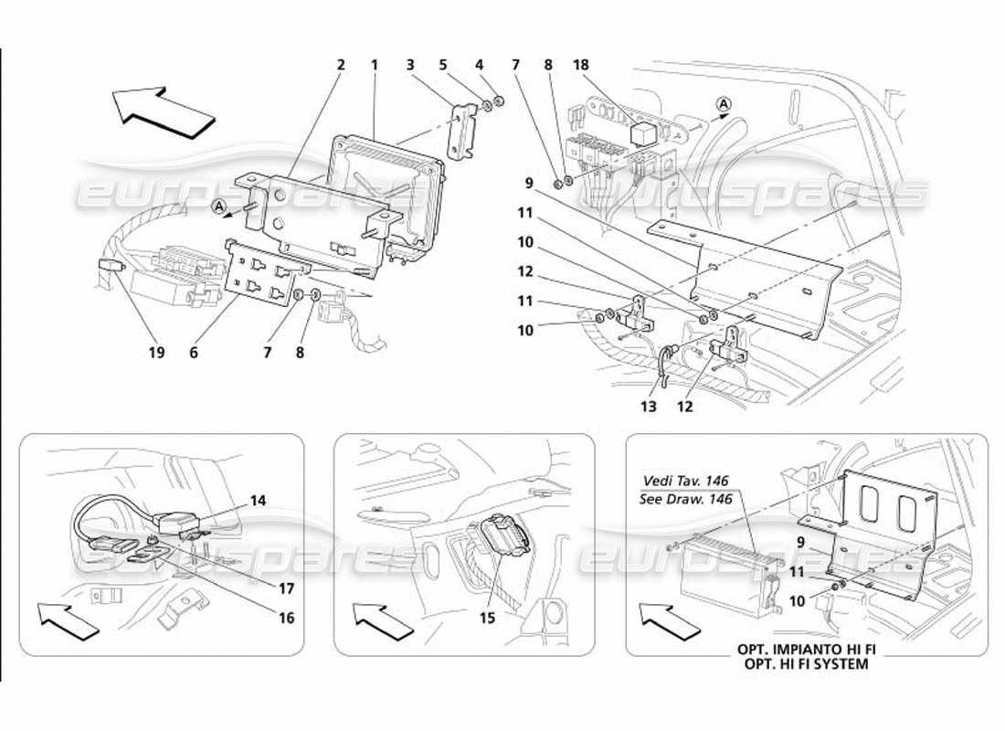 maserati 4200 coupe (2005) teilediagramm für sensoren und steuergeräte der rechten seitlichen kofferraumhaube