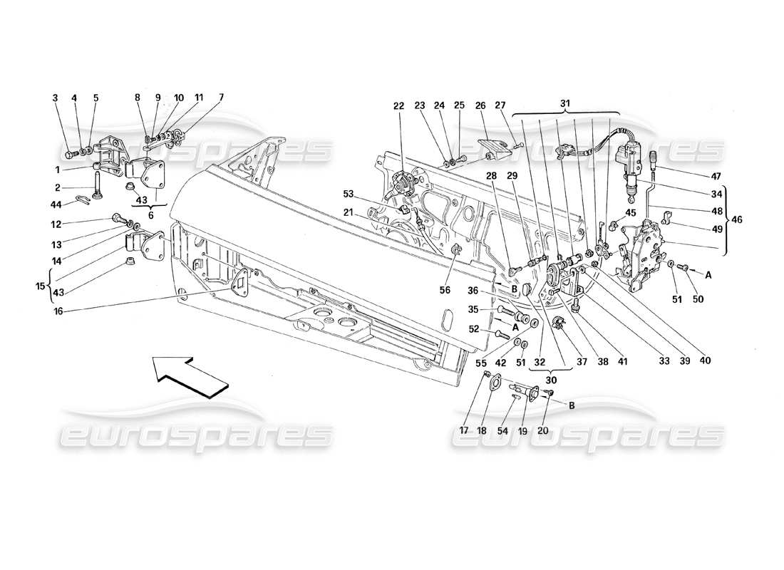 ferrari 348 (1993) tb / ts türen - teilediagramm für öffnungssteuerung und scharniere