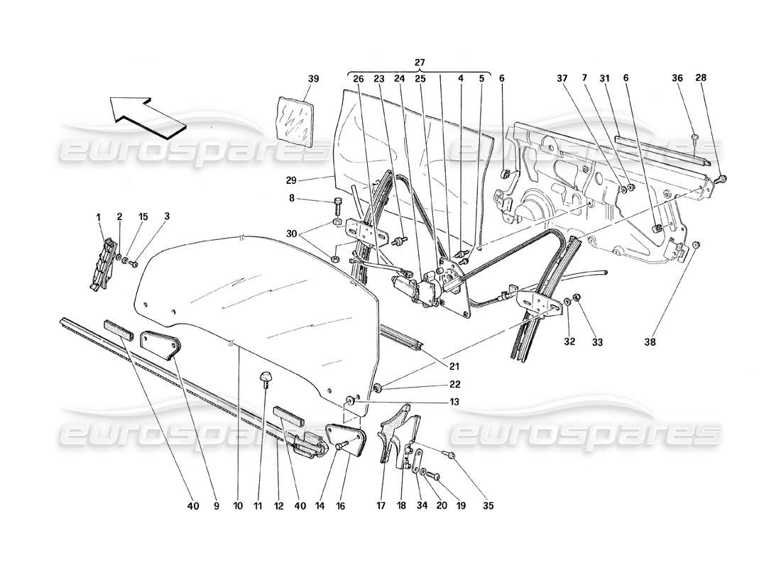 ferrari 348 (1993) tb / ts türen - teilediagramm für glashebevorrichtung