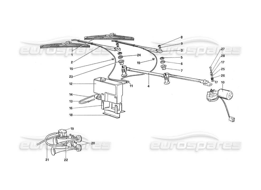 ferrari 288 gto scheibenwischer - scheibe und hupe - teilediagramm