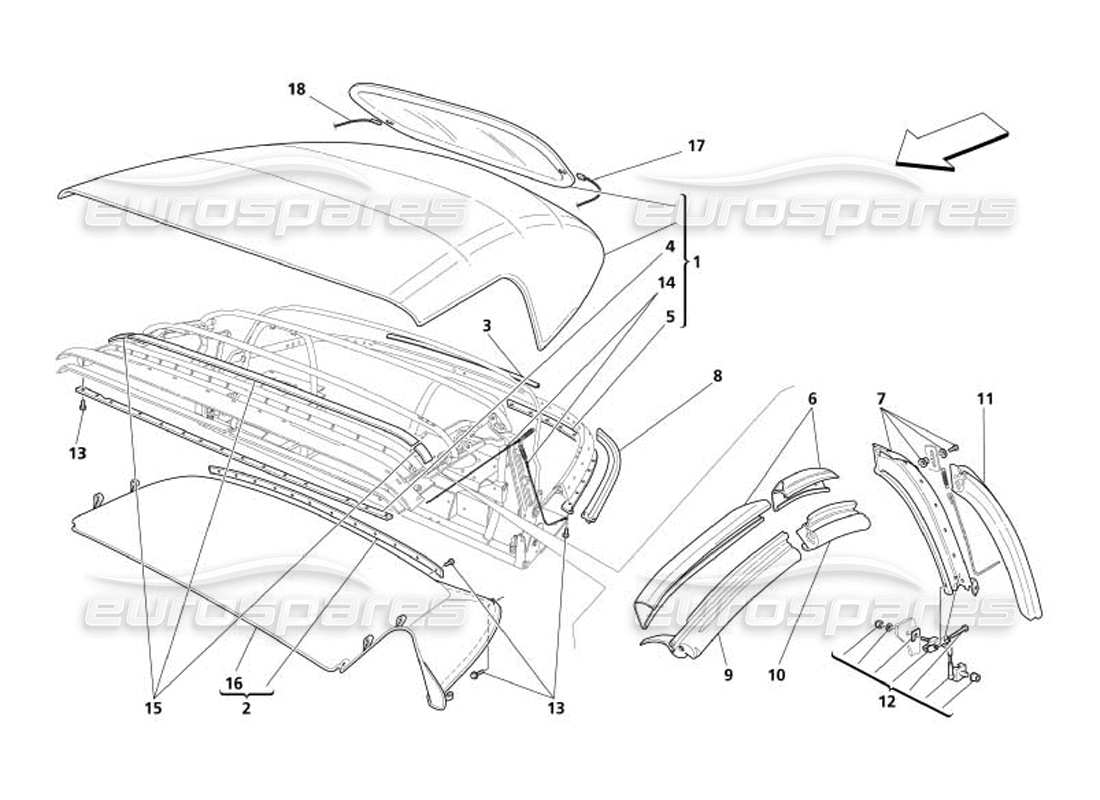 maserati 4200 spyder (2005) verdeckstoff - dichtungsteilediagramm